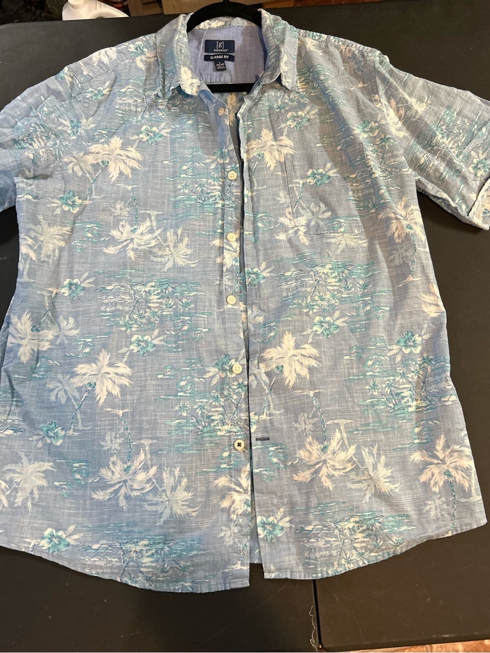 George Light Blue & White Tropical Print Short-Sleeve Button-Up Shirt